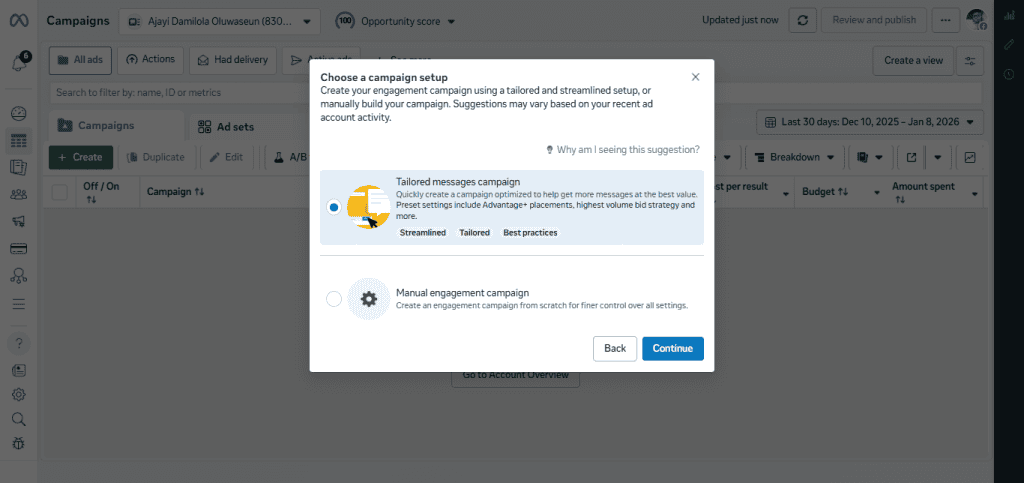 Screenshot of setting up a click-to-message ad campaign in DMLY platform.