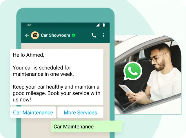 Man using WhatsApp for car maintenance scheduling, digital car service communication.