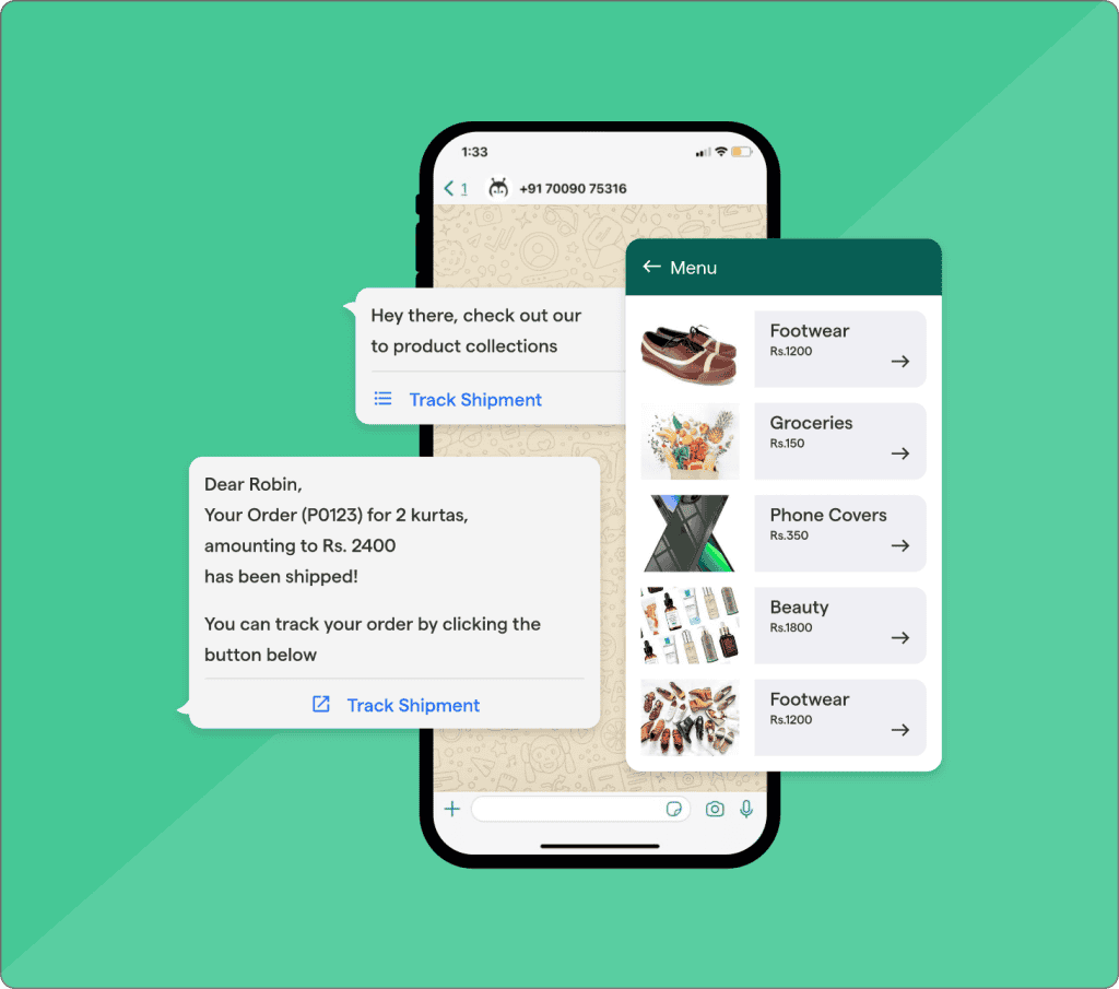 Mobile shopping app displaying product categories and order tracking features.